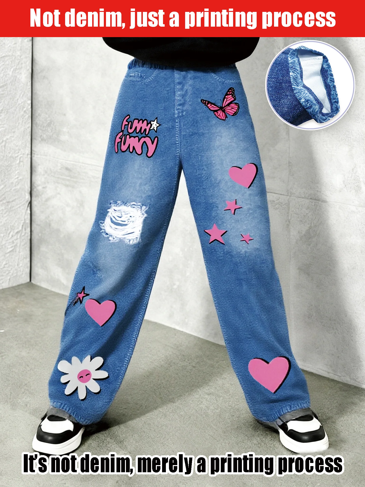 

Butterfly + Love Print Imitation Denim Trousers 2026 Street Casual Style Fashionable Fake Jeans with Unique Pattern