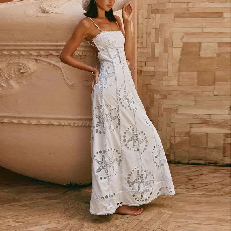 2025 New Vintage White Jacquard Crochet Lace Long Dress Summer Fashion Hollow Out Commute Dresses Woman Elegant Sling Boho Dress