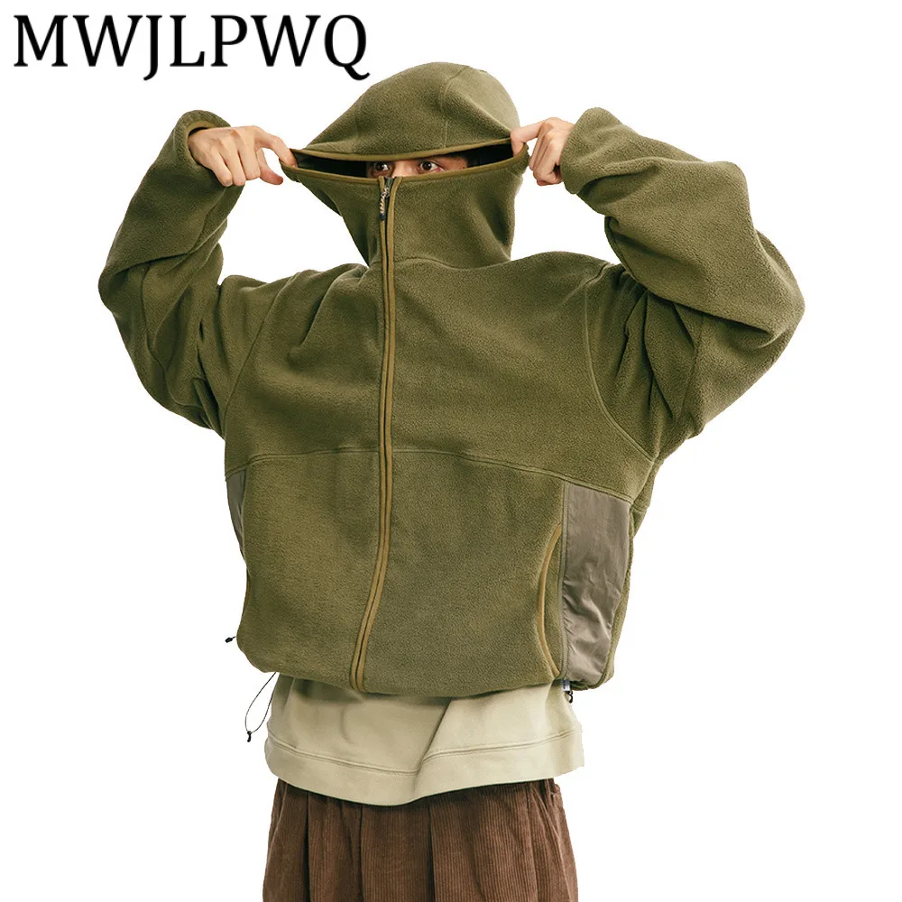 

MWJLPWQ Men's Fleece Sweatshirt Autumn Winter Cotton Jacket Outdoor Sports Solid Color Loose Hooded High Collar Wool Coat 12698