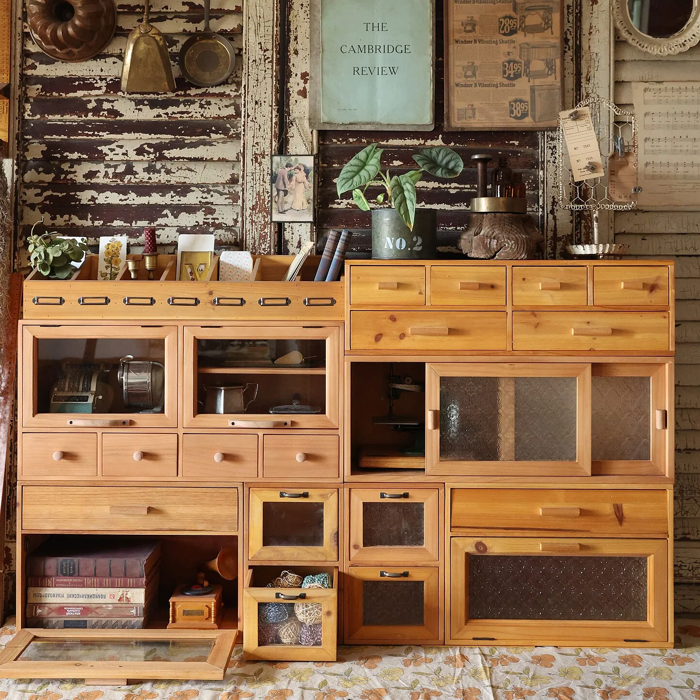 Vintage Pine Wood Glass Display Cabinet, 4 Drawers Organizer, Tabletop Curio Cabinet, Craft Storage Box, Collector Display Case