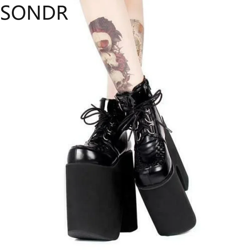 Women Lolita Punk Gothic Chunky 20cm High Heels Lace Up Ankle Boots Cosplay Shoes Creepers Japanese Harajuku Plus Size New 2024