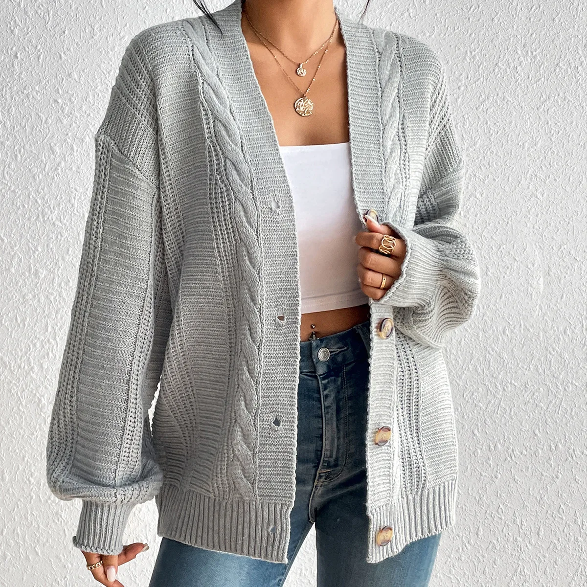 

Hawlife Gray Knitted Long Sleeve Cardigan 05