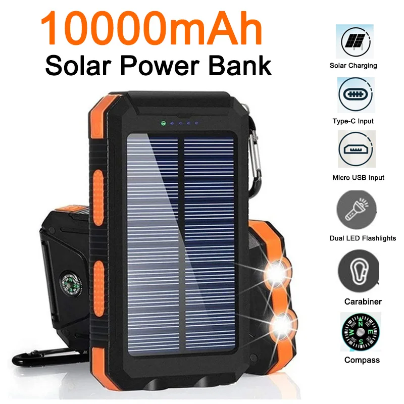 10000mAh Solar Power Bank Fast Charge Phone Charger With Dual LED & USB & Compass For Outdoor Camping-Wholes sales Price
