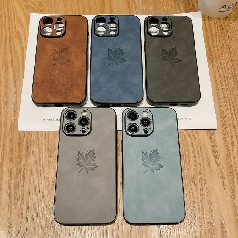 

Luxury Maple Leaves PU Leather Brown Gray Phone Case for iPhone 16 15 14 13 12 11 Pro Max XR X XS Max Silicon Back Cover Funda