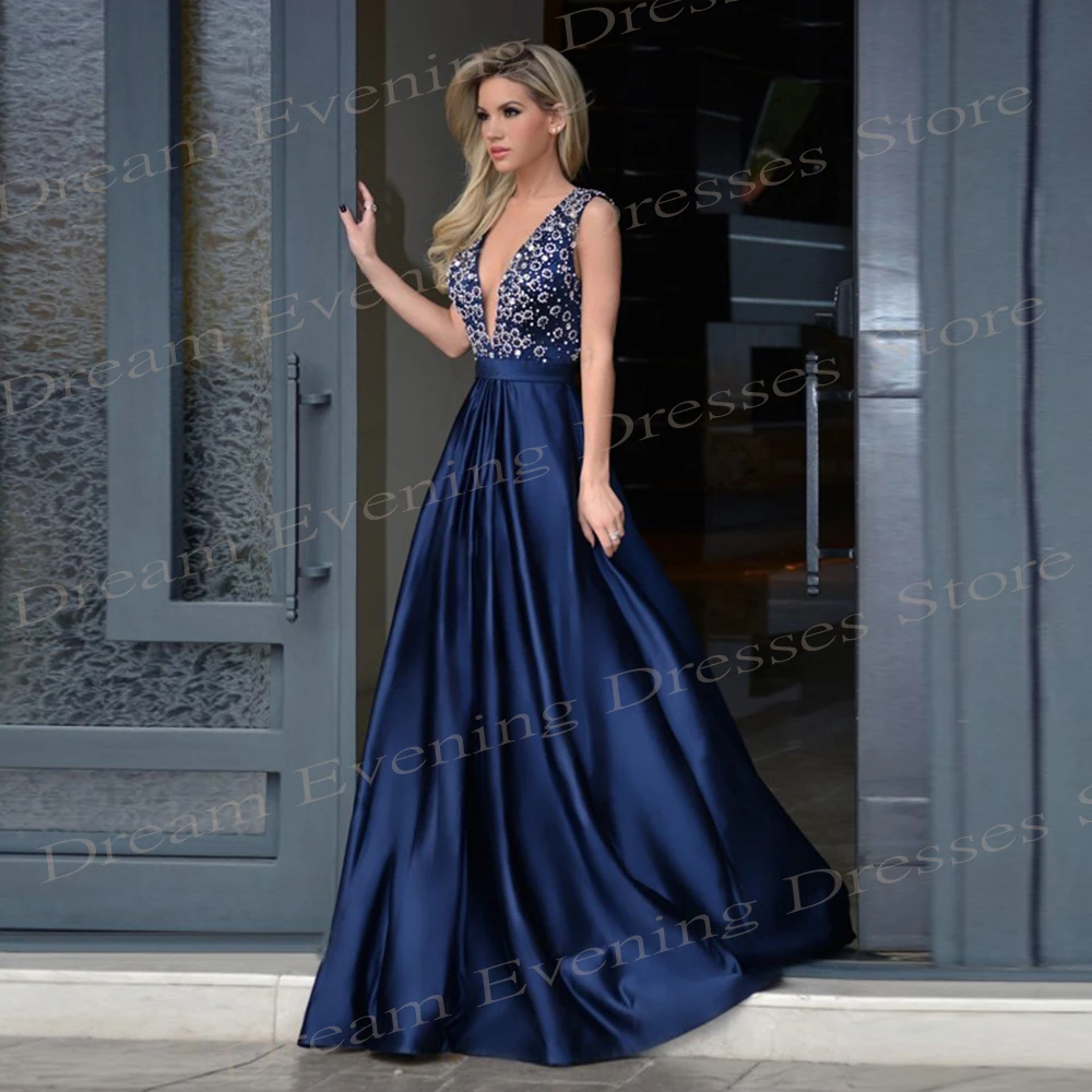 

Blue Sequin Crystal Beads Evening Dresses A Line Exquisite Stain Sleeveless Floor Length Prom Gowns Backless For Formal Party