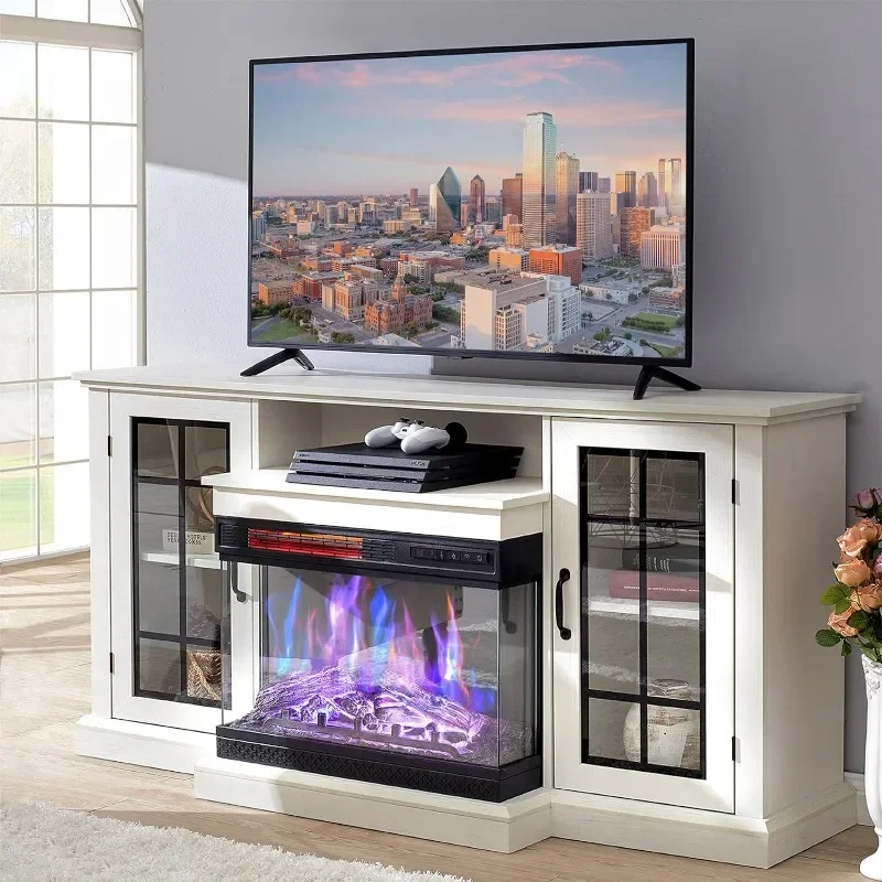 3-Sided Glass Fireplace TV Stand for TVs up to 65'' with 12 Color, Media Entertainment Center Console Table with Doors