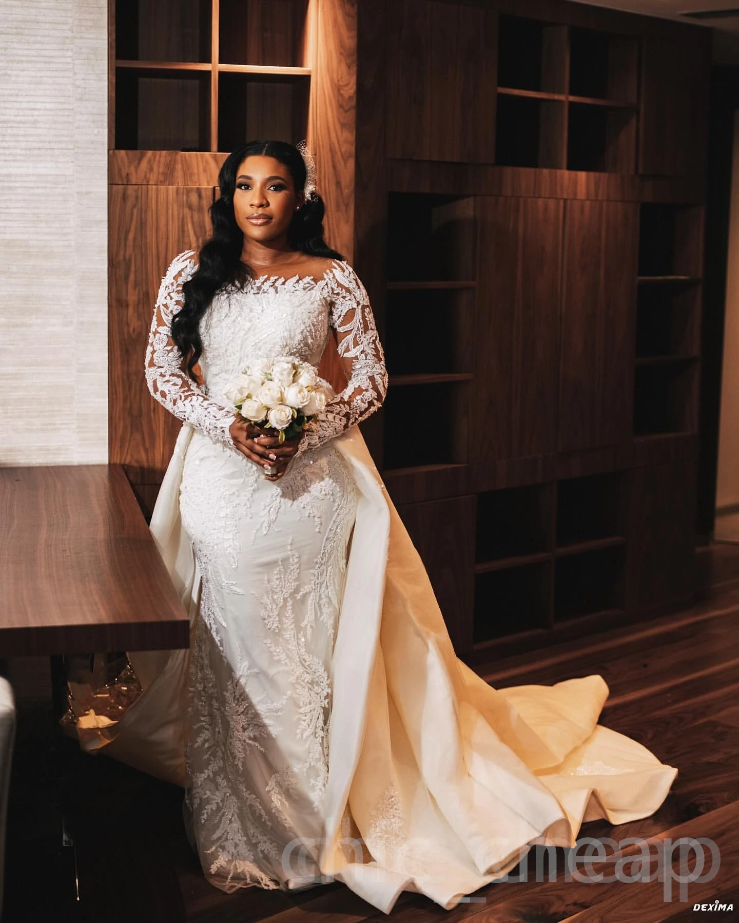 

Lace African Wedding Dresses Black Girls Mermaid Long Sleeves Detachable Aso Ebi Muslim Bridal Gowns Vestido De Novia Customized