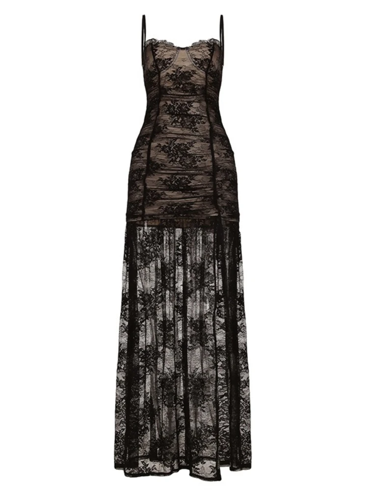 SsTss مثير السباغيتي حزام شير الدانتيل فستان طويل المرأة موضة الخامس الرقبة بلا أكمام سليم Ruched عالية الشق ريترو فستان ماكسي للحفلات