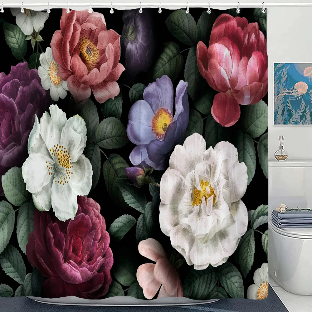 

1Pcs Watercolor Flower waterproof shower curtain, elegant flowers and roses bathroom decoration curtain, with hooks