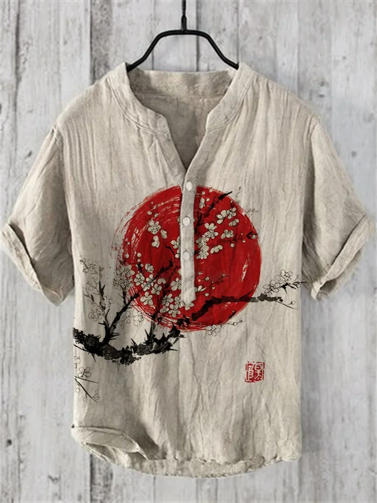 

Plum Blossom Sunrise Japanese Art Shirt Mens Casual Shirt short Sleeve Band Collar Henley Shirt Tops