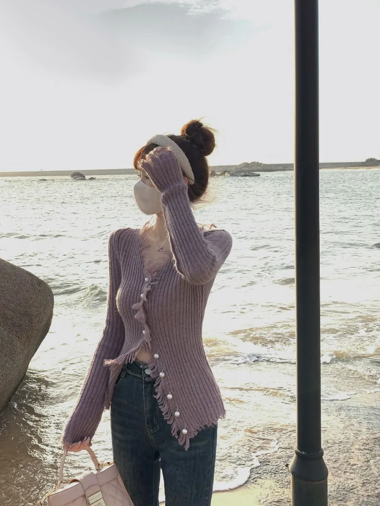 Y2k Clothes Kawaii Knit Cardigan Women Jumper Slim Sweater Raw Edge V-neck Long Sleeve Spring Autumn Coat Korean Chic Crop Top
