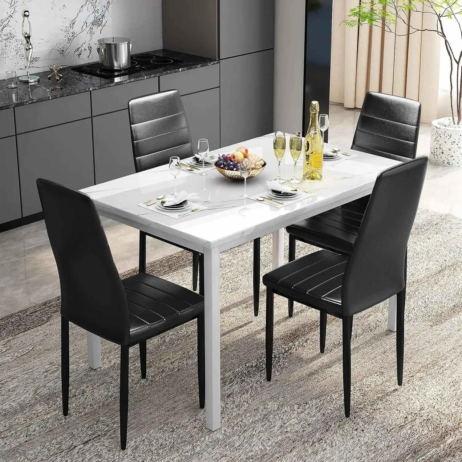NEW 5 Pieces Dining Table Set for 4 with Faux Marble Top and Leather Upholstered Chairs, White+Black USA image 2
