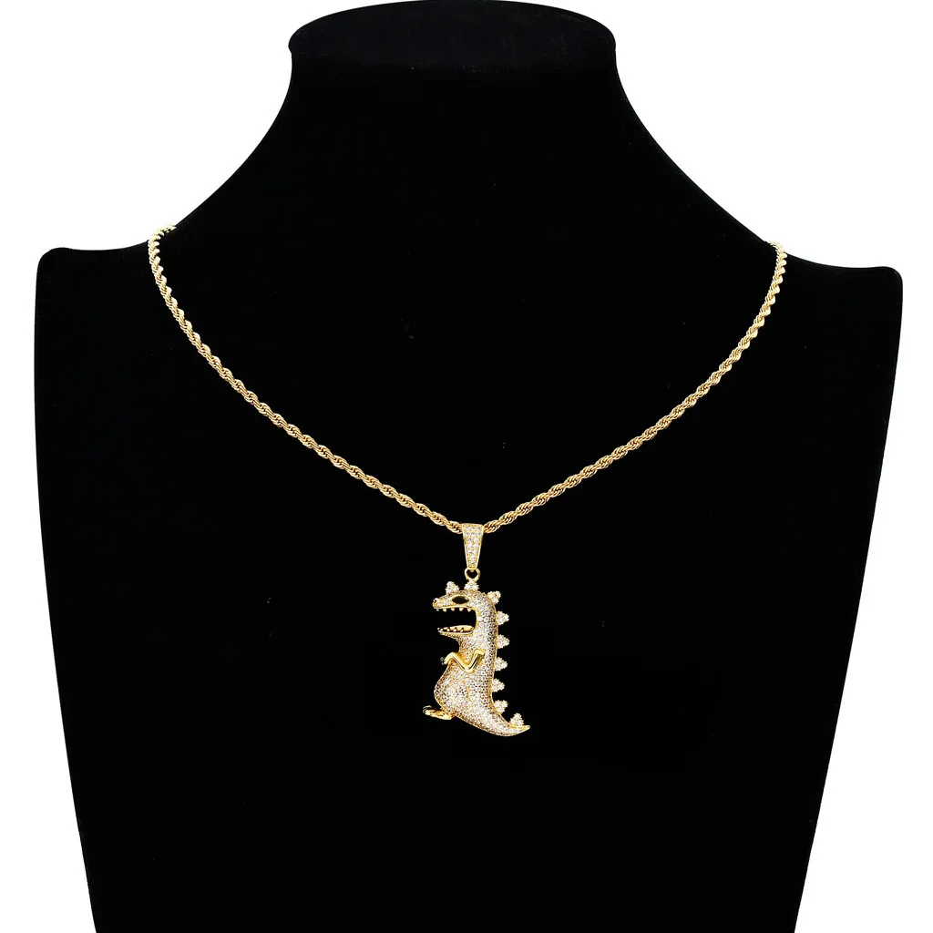 2024New Fashion Animal Dinosaur Pendant Necklace Inlay Zircon Hip Hop Creative Trend Necklace For Men Party Accessories Necklace