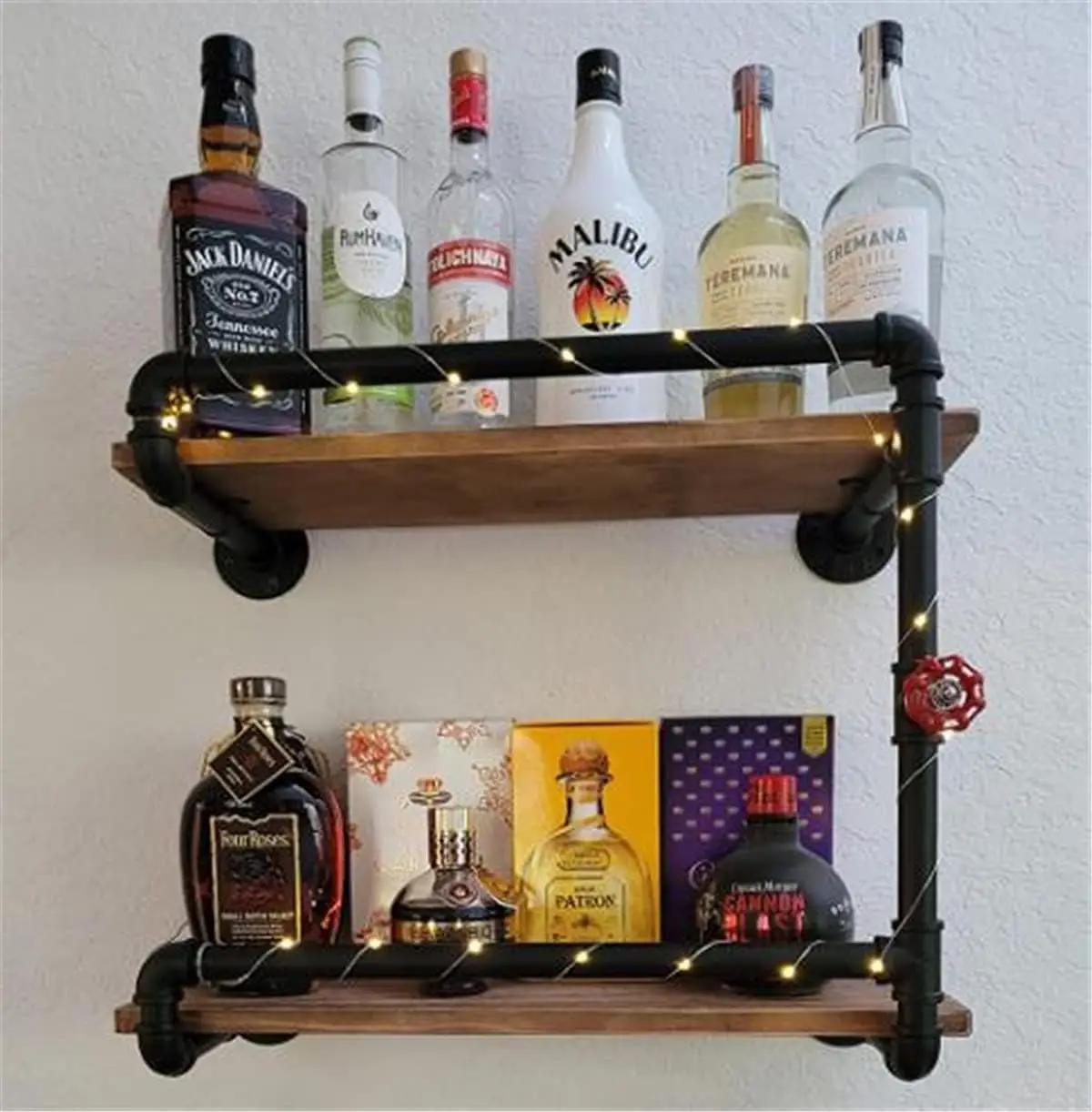 Industrial Wall Mounted Wine Racks with 4 Stem Glass Holder,24inch Rustic Metal Hanging Wine Holder Glass Rack,2-Tiers Floating