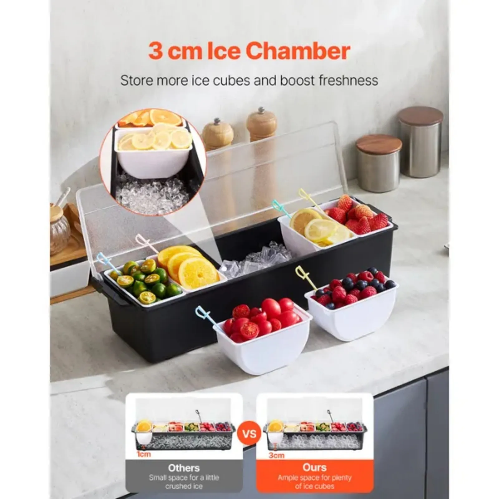 Ice Cooled Condiment Serving Container, 6 Compartments Chilled Server, Fruit Veggie Condiment Caddy, Plastic Garnish Station Lid Dispenser Tray, for Bartending & Serving Taco Restaurant Supplies