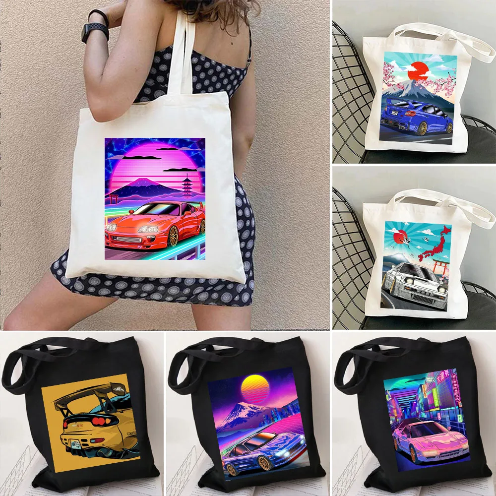 JDM Car Japan Game Racer Neon Sport Car Sunset Men Women Canvas Shoulder Cotton Totes Bag Harajuku Eco Shopper Shopping Handbags