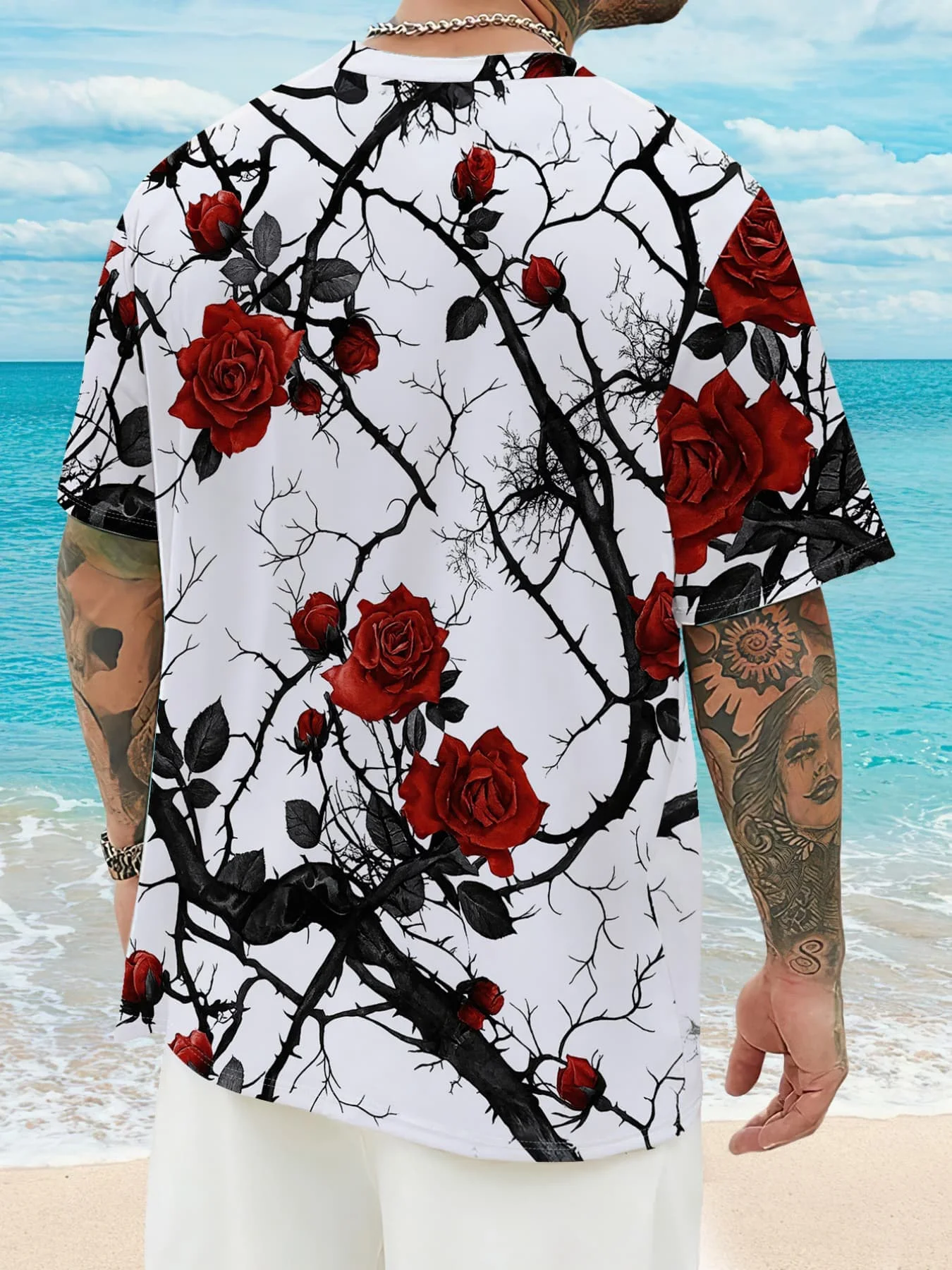Black Thorn Red Rose Full Print Short Sleeve T-shirt for Men and Women Retro White Base Flower Loose Shoulder Half Sleeve Top