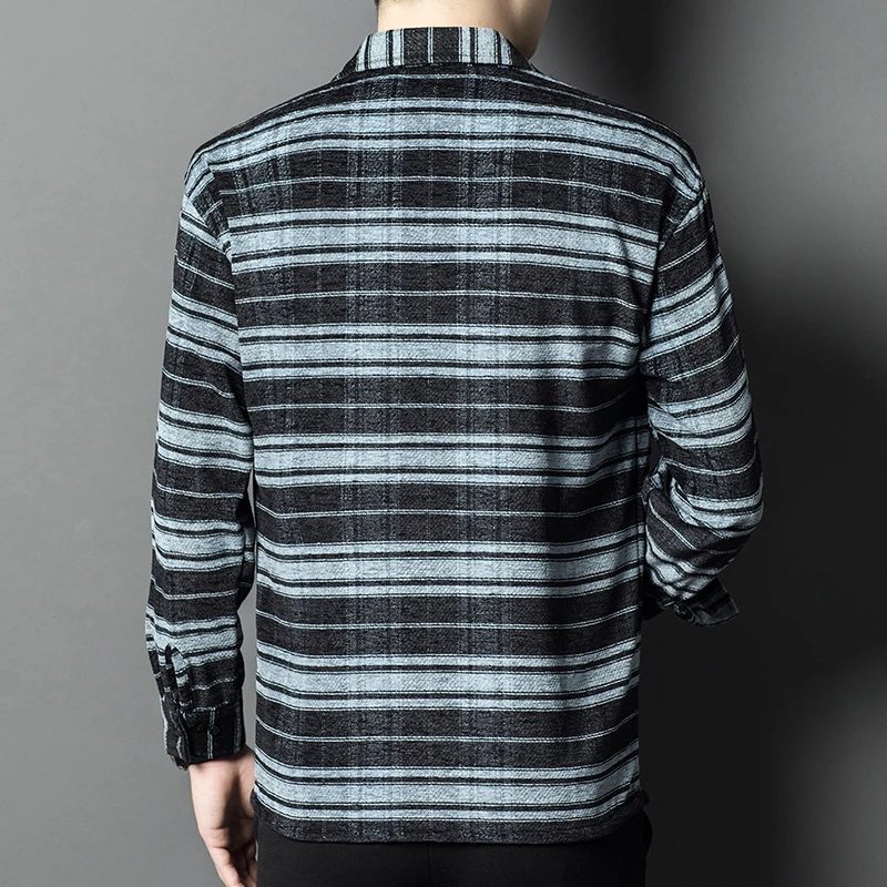 Spring 2024 Men's Hong Kong Style Loose Casual Shirt 300G Chenille Yarn-Dyed Grid Striped Top