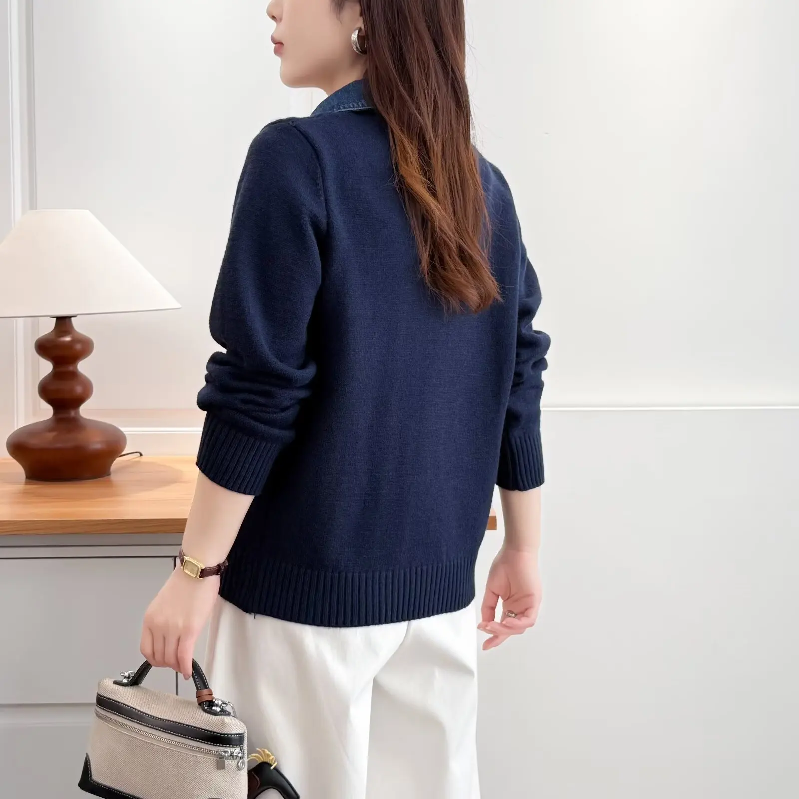 XXXXL موضة حجم كبير البلوزات النسائية الكورية نمط المطرزة الدنيم الرقبة سترة مشغولة من الصوف 8518 #4