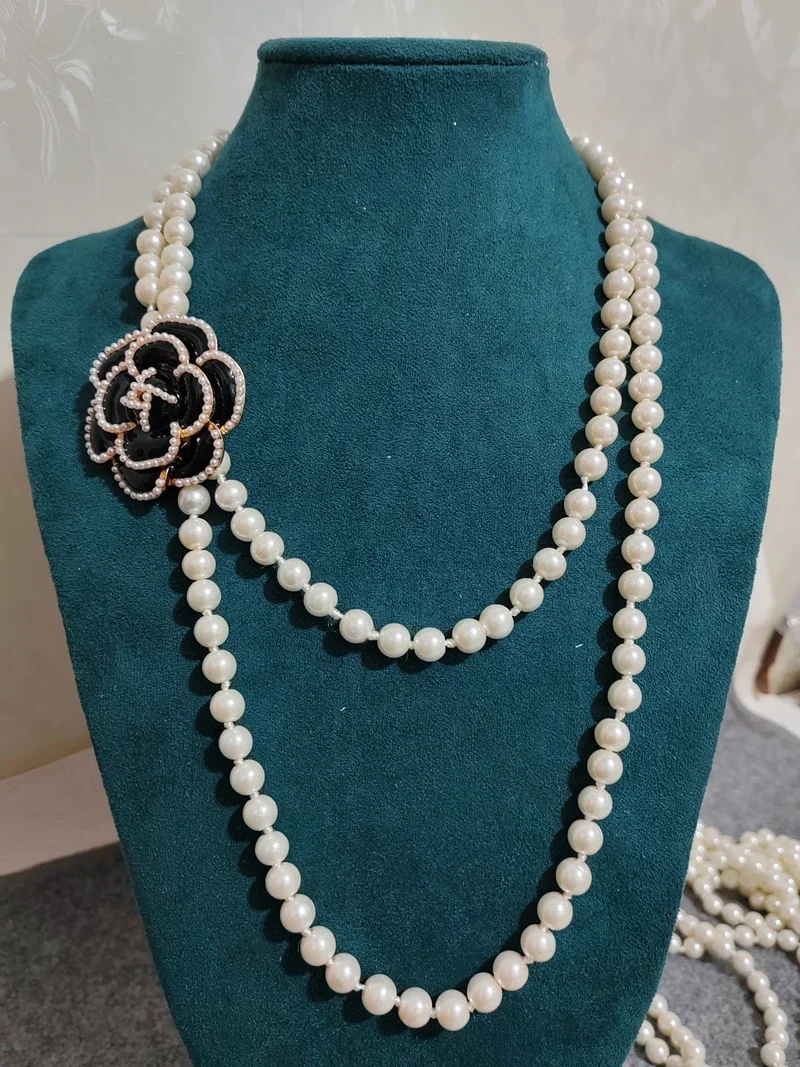 Koreaanse Trui Ketting Gelaagde Parel Ketting Hanger Voor Vrouwen Carmellia Bloem Sieraden