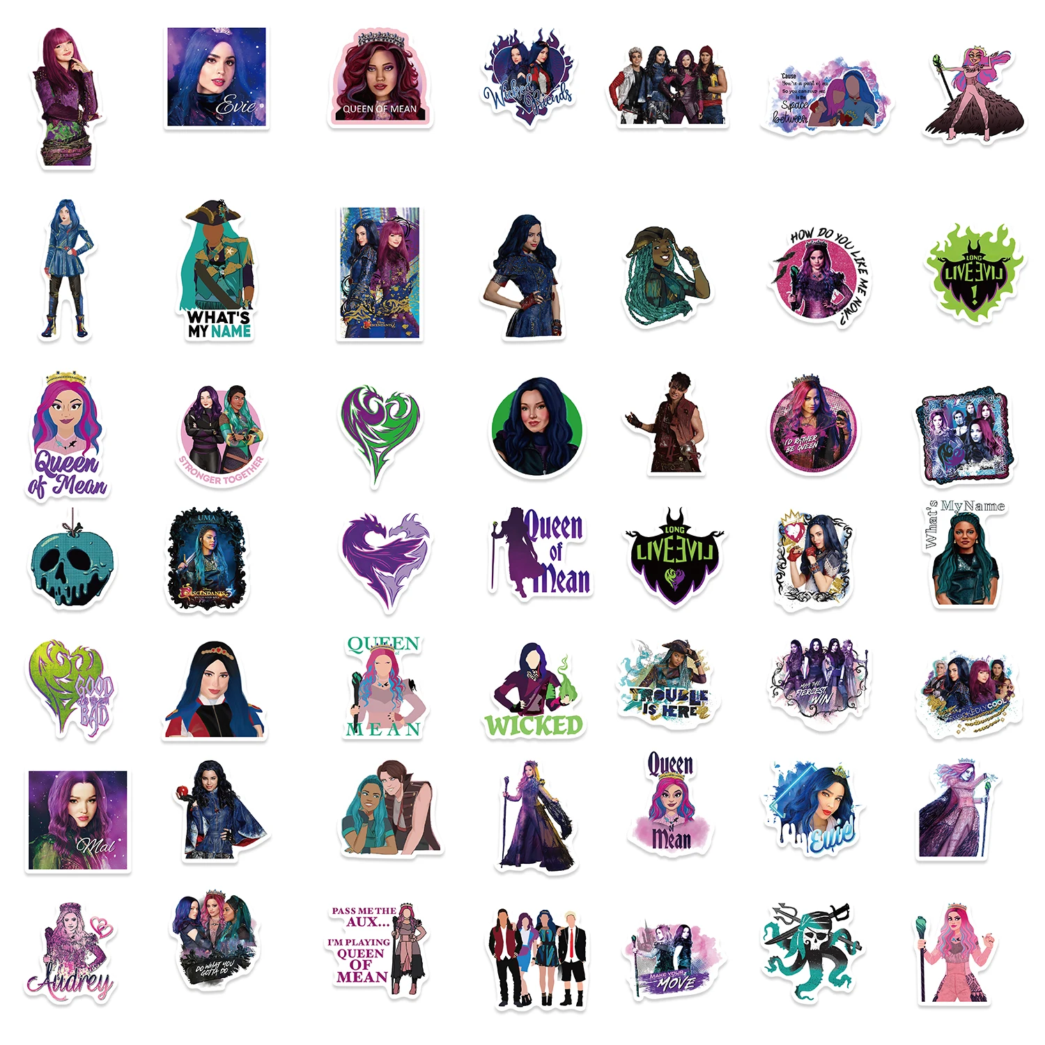 50ชิ้นสติกเกอร์การ์ตูน descendants decals DIY โทรศัพท์กระเป๋าแล็ปท็อปสติกเกอร์กันน้ำรถจักรยานยนต์สำหรับเด็ก