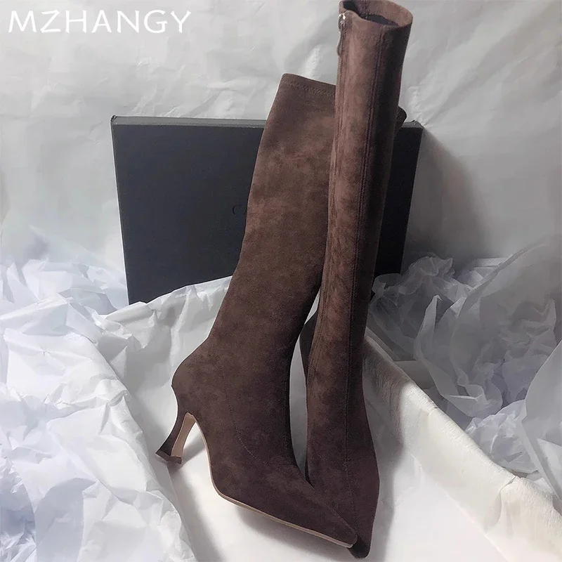 High Heels Women High Boots Suede Pointed Toe Elegant Knee High Shoes Woman Trend Fashion Sexy Pumps Party Chelsea Boots Mujer