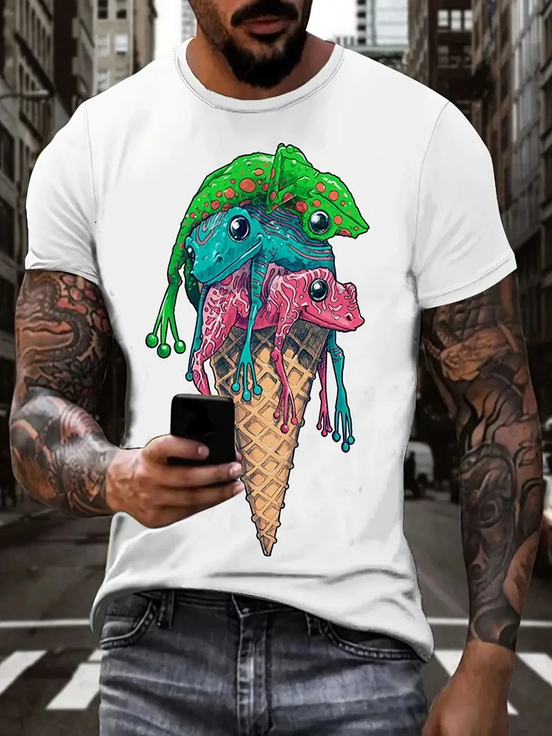 メンズプラスサイズ3Dプリントアイスクリーム柄プリントTシャツファッションサマークルーネック半袖キッズ向けトレンド新作Tシャツ