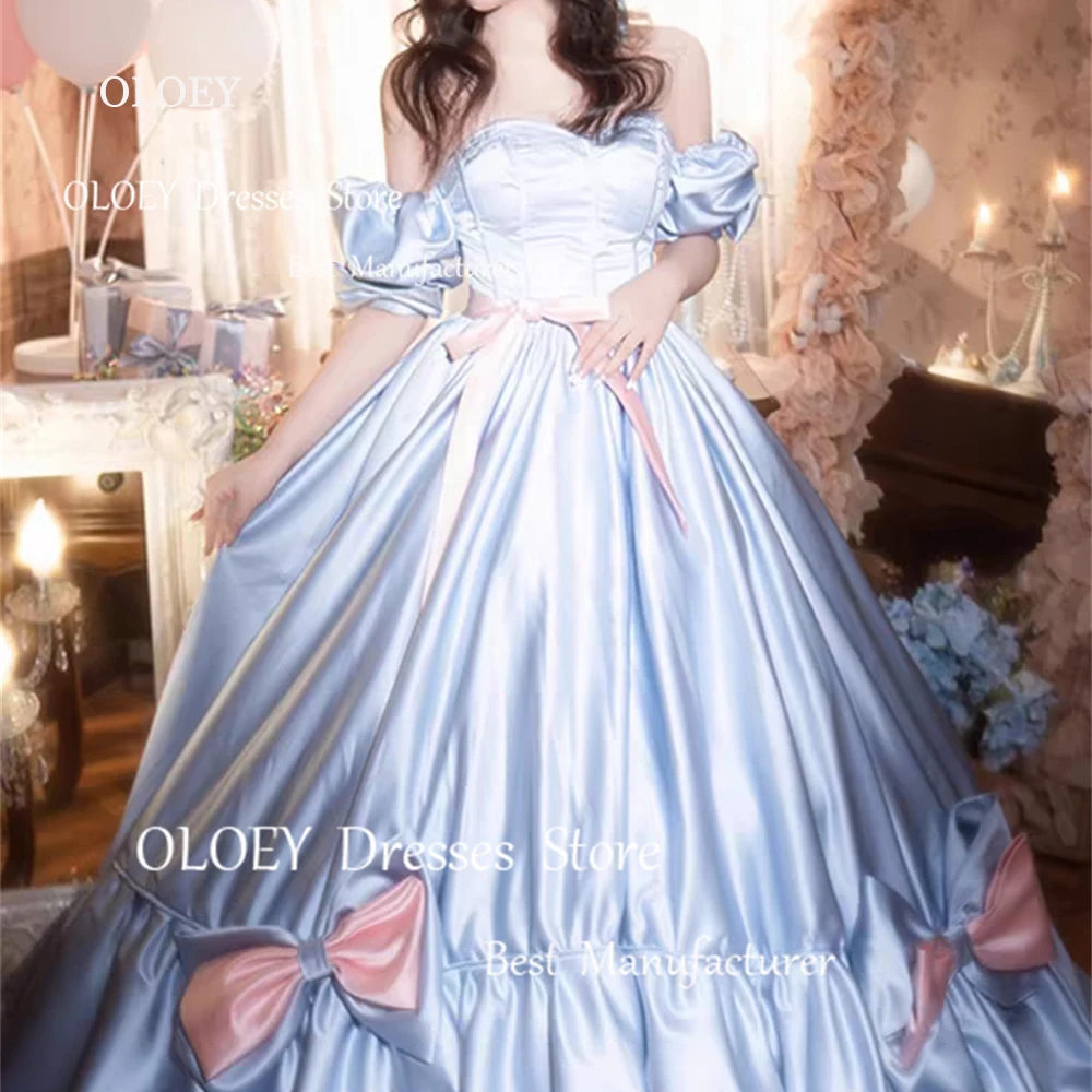 

OLOEY Exquisite Blue Prom Dresses Pleated Satin Bows Floor Length Off The Shoulder Sweetheart Quinceanera Dresses Custom Made