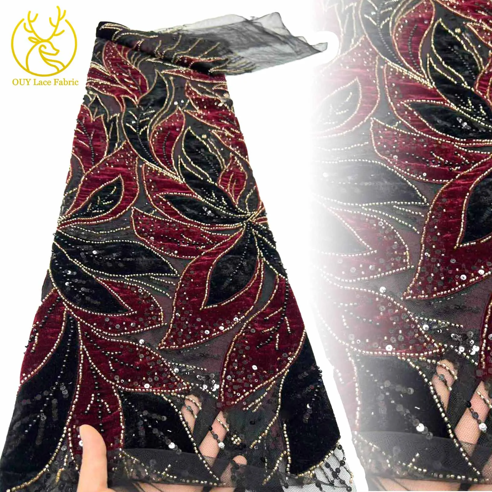 

Luxury French Sequin Velvet Lace Fabric 2025 High Quality Nigerian African Beaded Lace Fabric Women's Wedding Party Dresses