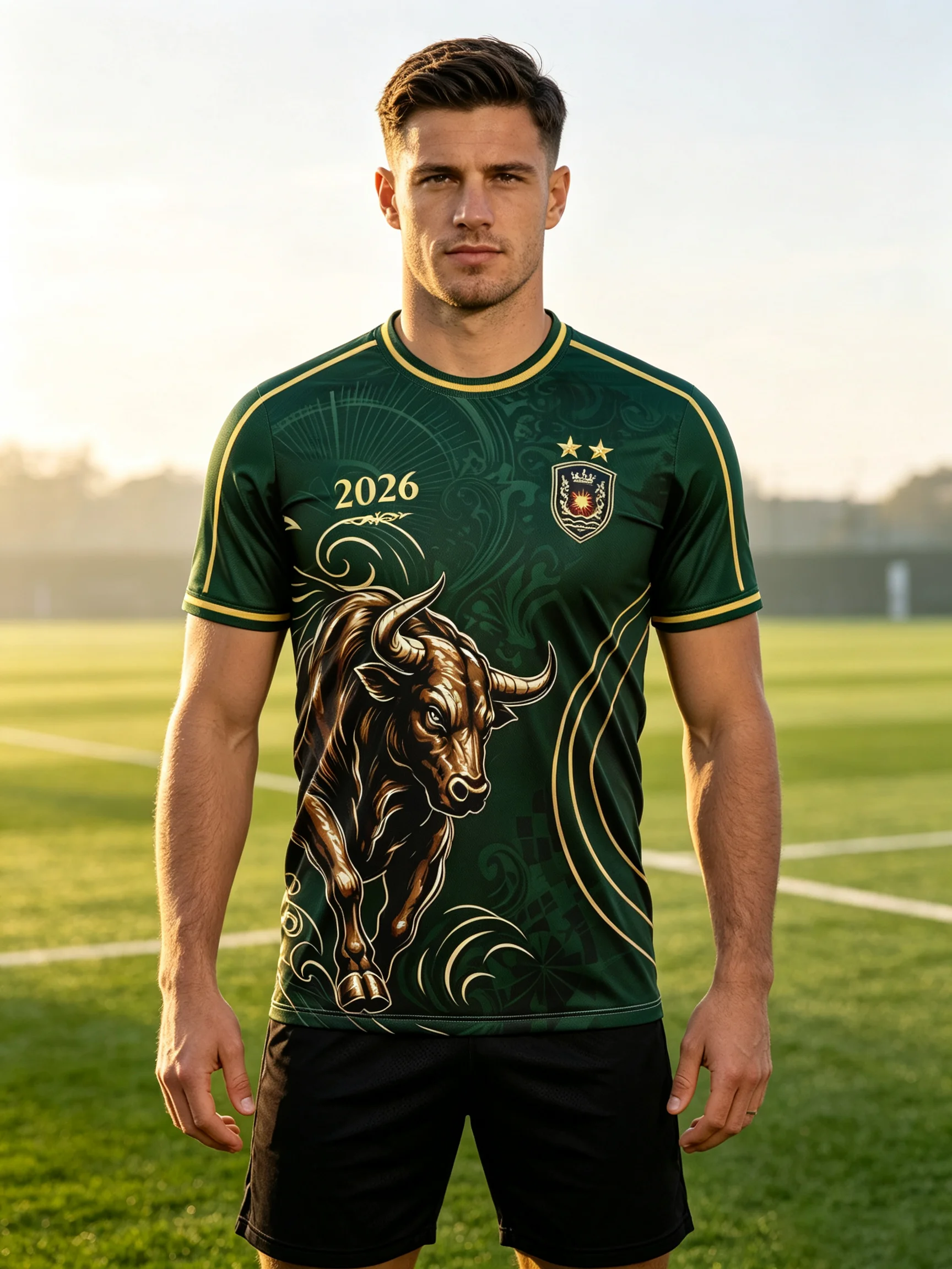 Spain themed football jersey, two‑star badge & 2026 logo, gold trim, sweat‑wicking fabric, flexible comfy fit