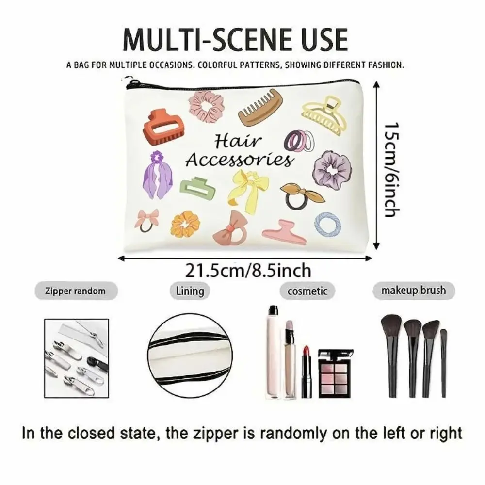 Canvas Makeup Bag Double Sided Zipper Travel Organizer Large Capacity Printed Hair Accessory Pouch Bathroom Storage