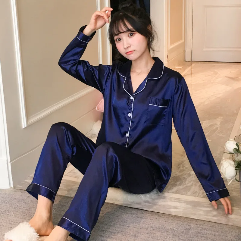

Как воротник, однотонная женская повседневная одежда для сна, женская весенне-осенняя тонкая домашняя одежда с длинными рукавами, женские пижамы, комплект из двух предметов, шелк