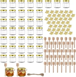 20Pack Hexagon Mini Glass Honey Jars with Wooden Dipper Gold Lids Gold Bee Pendants Jutes for Baby Showers Wedding Favors