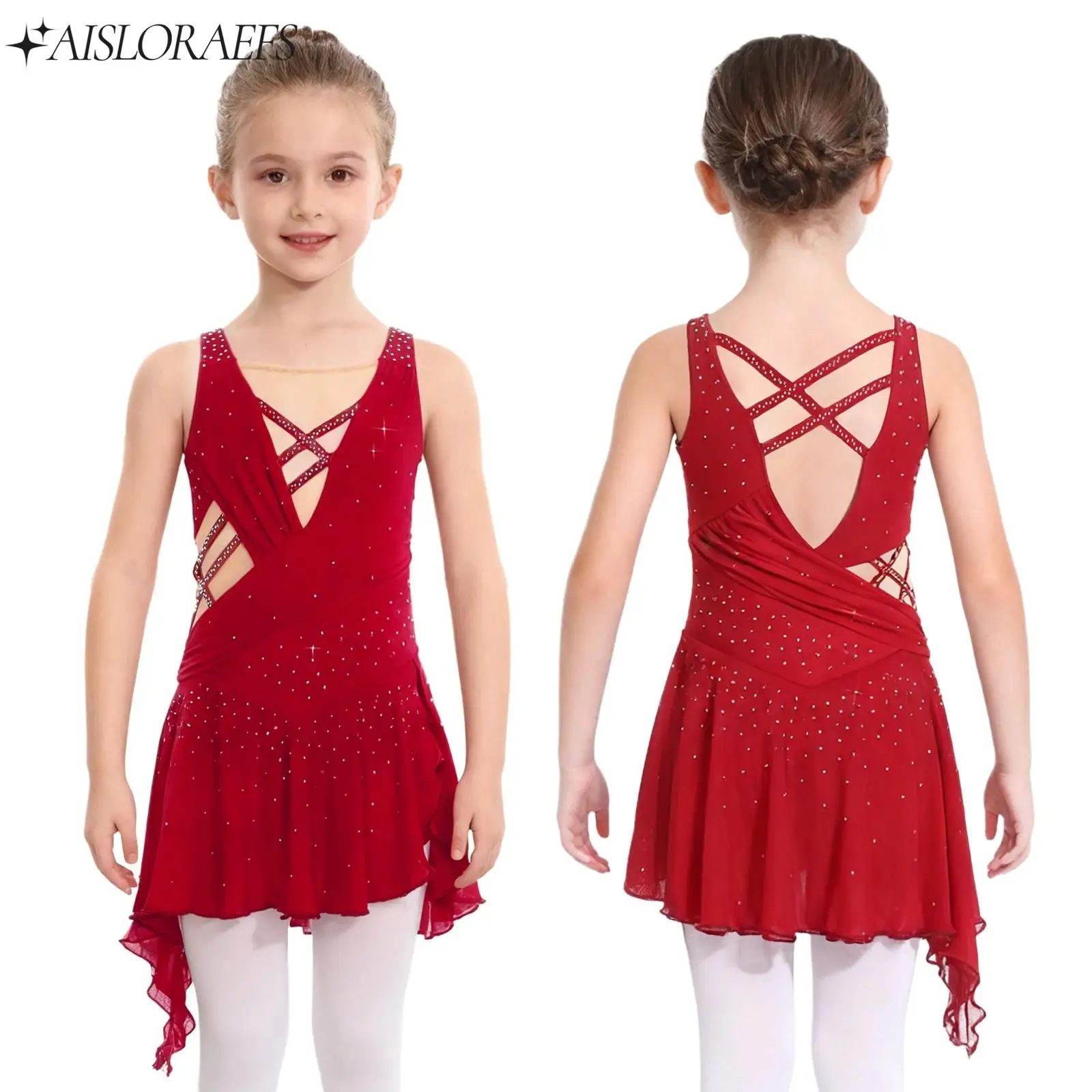 

Kids Girl Ballet Gymnastics Leotard Rhinestones Mesh Sleeveless Asymmetrical Hem Dress for Lyrical Modern Dance Figure Skating