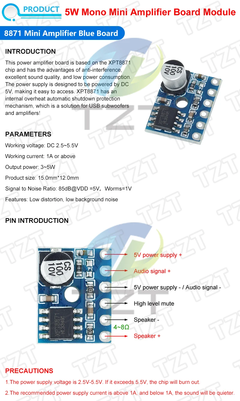 1/3 Stück 5W MINI Audio-Leistungsverstärkerplatine 3-5V XH-M125 XPT8871 Mono-Verstärkermodul Audio DIY Verstärker-Kit – Detail 1