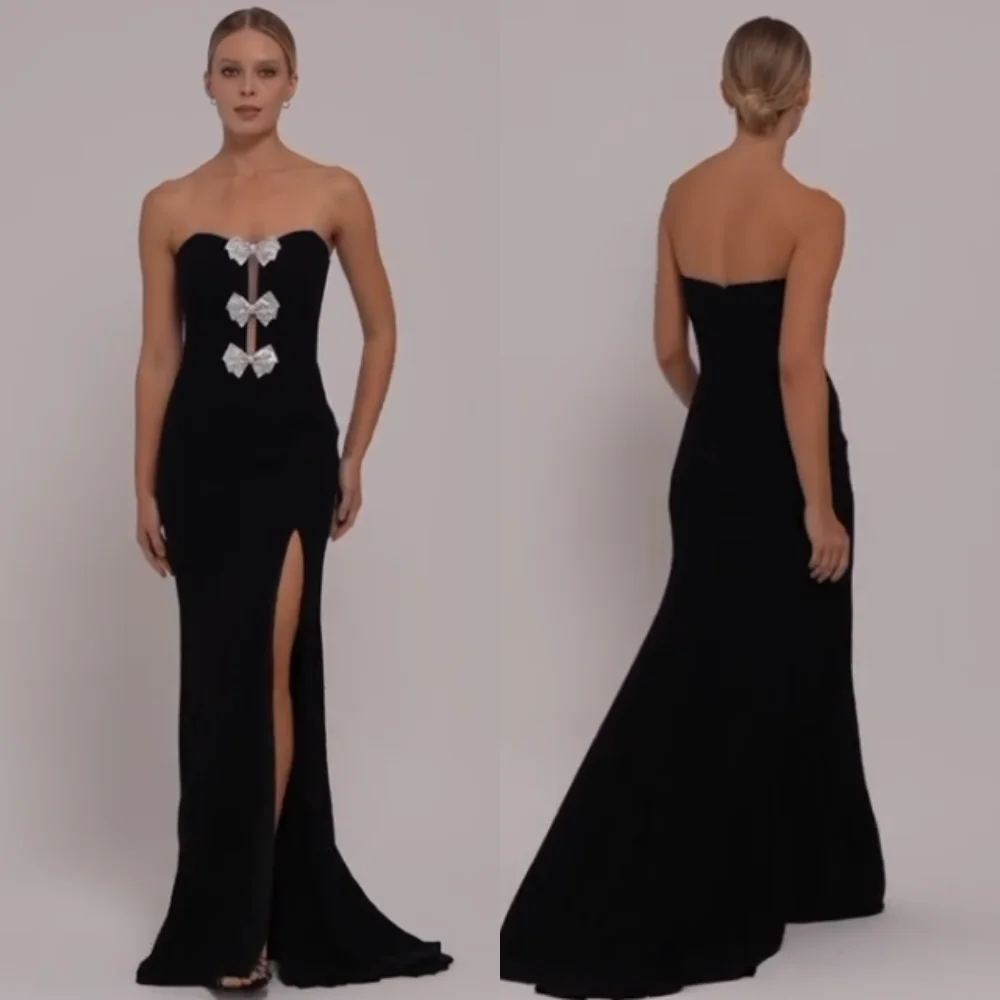 Moda personalizada clássico jérsei arco plissado em linha reta sem alças vestidos longos sob medida vestidos de ocasião estilo moderno combinando sexy