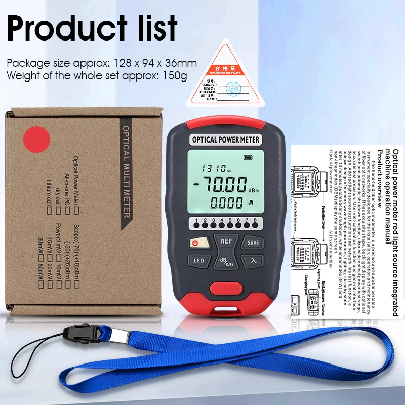 Mini Optical Power Meter(-70~+10dBm/-50~+26dBm OPM)With Network Test and LED Lighting AUA-D7/D5/DC7/DC5 Fiber Optic Cable Tester