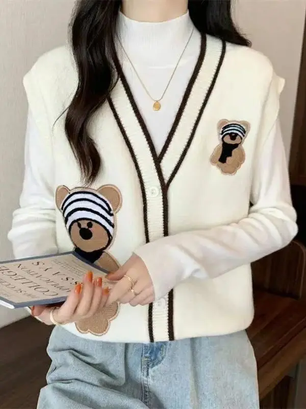 Spring New Style Thickened Vest Knitted Short Sleeveless V-neck Bear Embroidery Student Top Warm Medium-length Single-button ...