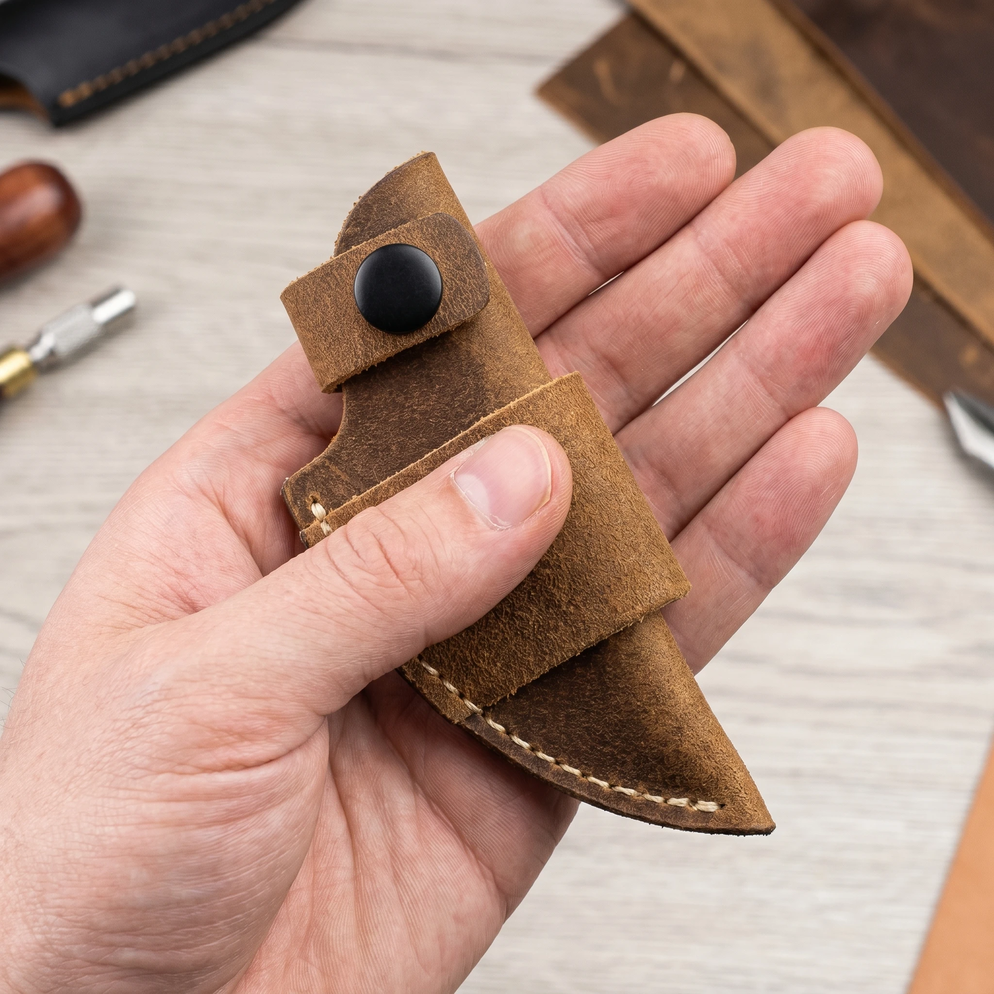 Small Knife Leather Sheath, Tool Replacement, Leather Hand-sewn Retro Leather Sheath, for 32mm Width Knife, Carry Belt Loop view 4