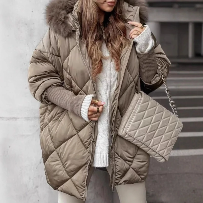 

2025 Autumn and Winter Women's Temperament Hooded Zipper Commuter Wind Women's Coat Cotton-padded Jacket