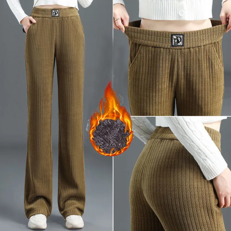 Pantaloni invernali da donna classici in peluche termico a vita alta Pantaloni da ragazza in pile a gamba dritta Pantaloni da donna casual caldi da neve