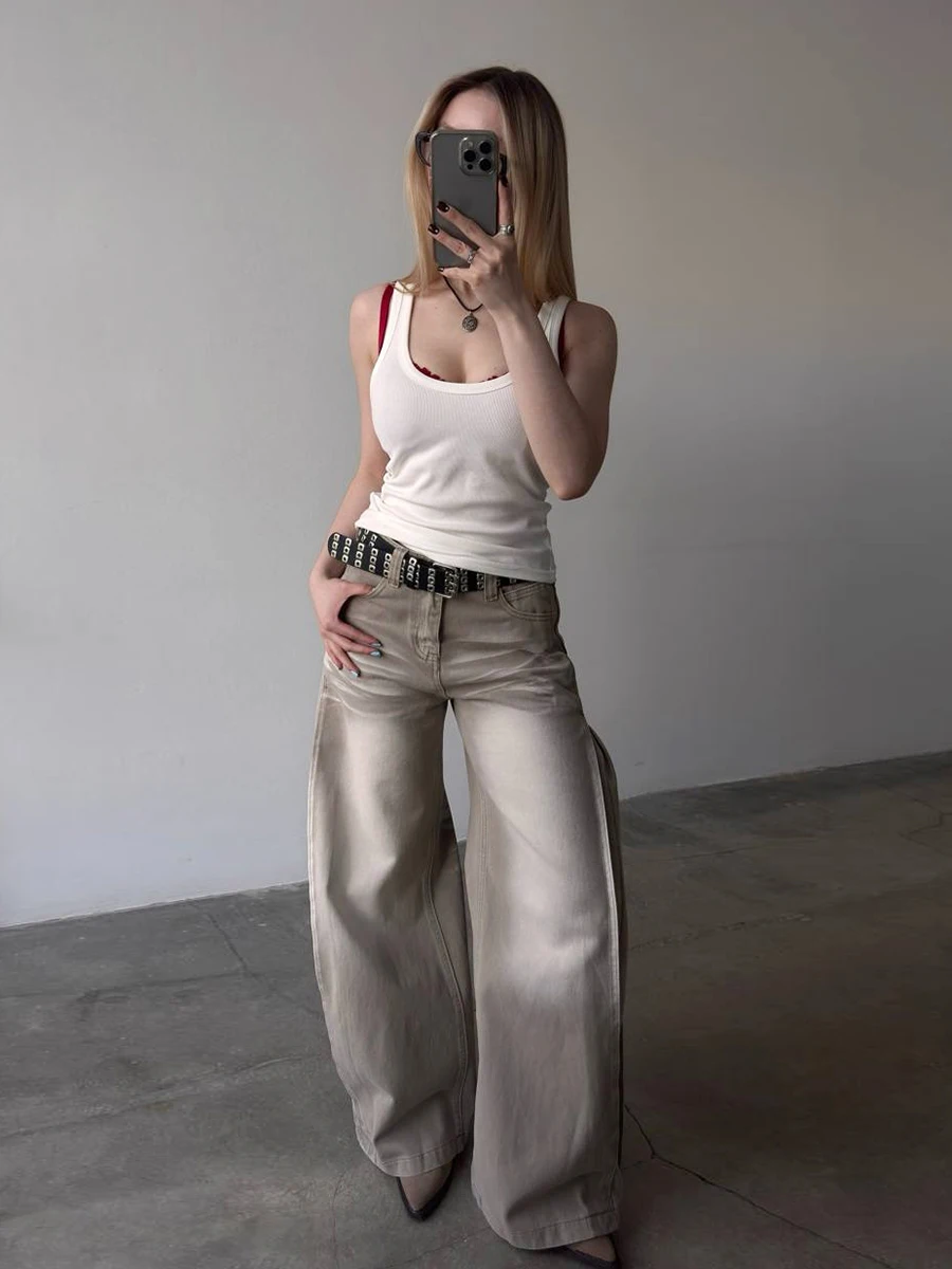 Sumuyoo Women's Gradient Wide Leg Jeans with Classic Five Pocket Button Zipper Pants Suitable for Daily Street Casual Wear
