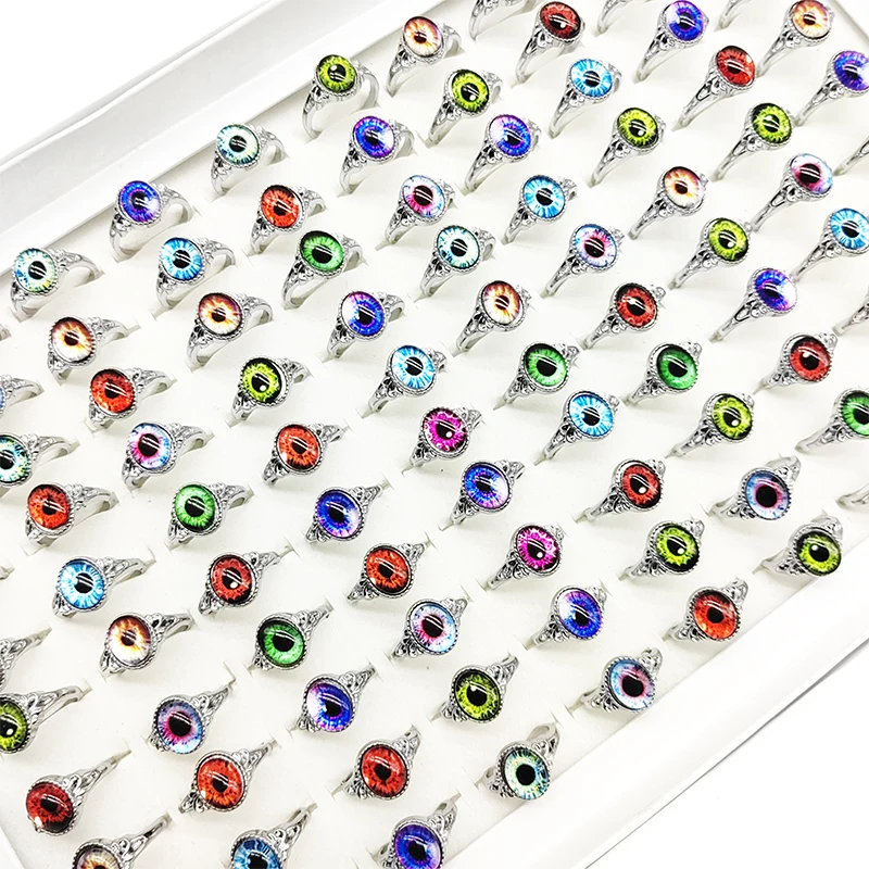 

30/50pcs/Lot Gothic Persoanlity Devil Eye Finger Rings for Women Bar Party Decorate Jewelry Alloy Metal Colorful Resin Oval Eyes