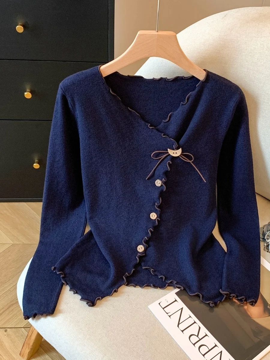 

Slim Fit Long Sve V-Ne Knitted Sweater Color Blo Wood ain Early Autumn Thin Sle Irregular Faion Top for Women