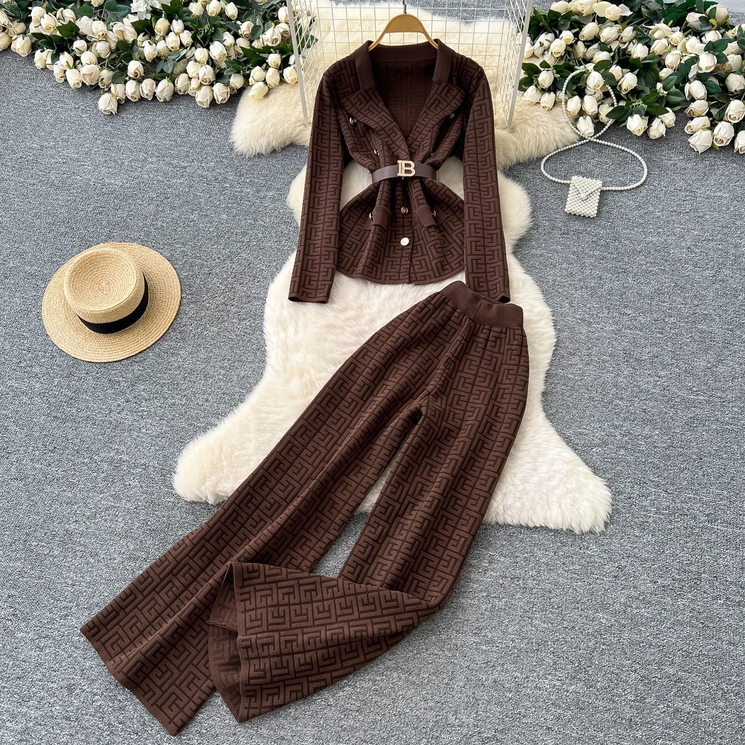 

Clothland женская винтажная куртка с принтом, брюки, костюм с длинным рукавом, пояс, пальто, эластичная талия, широкие брюки, офисный комплект из двух предметов TA674