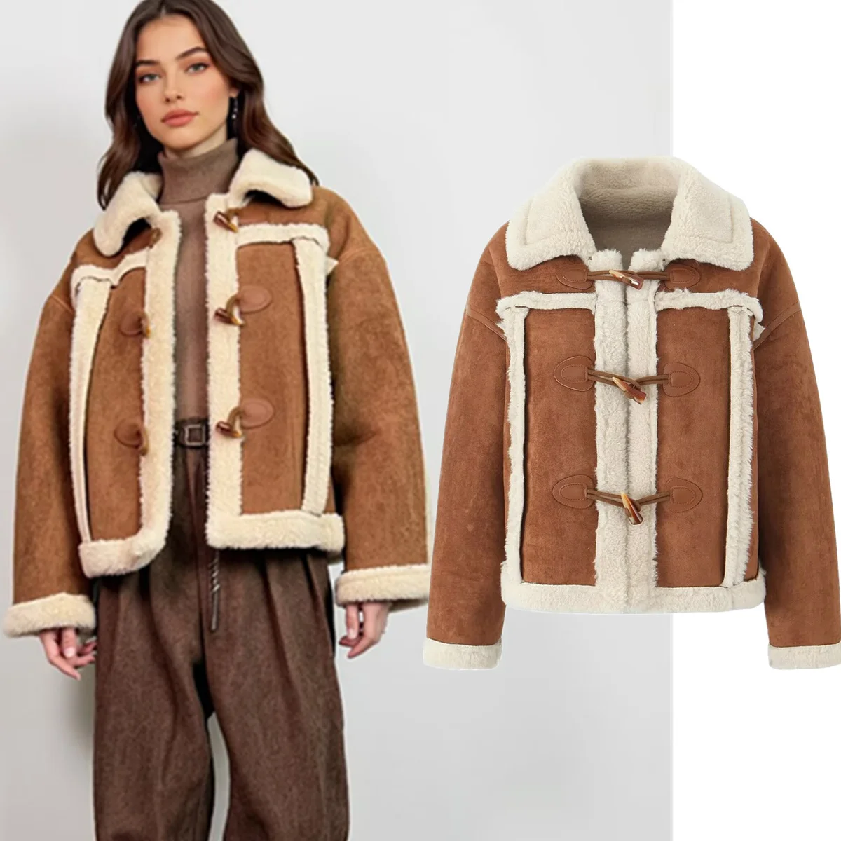 

Maxdutti, зимняя куртка из овечьей кожи в скандинавском стиле, утепленное замшевое пальто с пряжкой из бычьего рога, женская куртка, женская одежда, топы