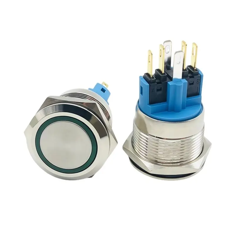 AAAN-Blue Light 22Mm 12V-24V Ring LED Switch Resettable 1NO +1NC Anti-Vandal Metal Switch Waterproof 22Mm Metal Electric Switch