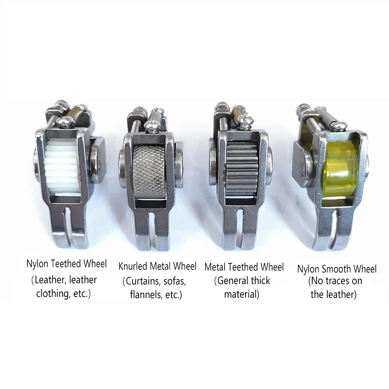 

Adjustable Steel/Nylon/Knurled Roller Presser Foot, Industrial Flat Bed Sewing Machine Part for Leather Clothes Thick Fabric
