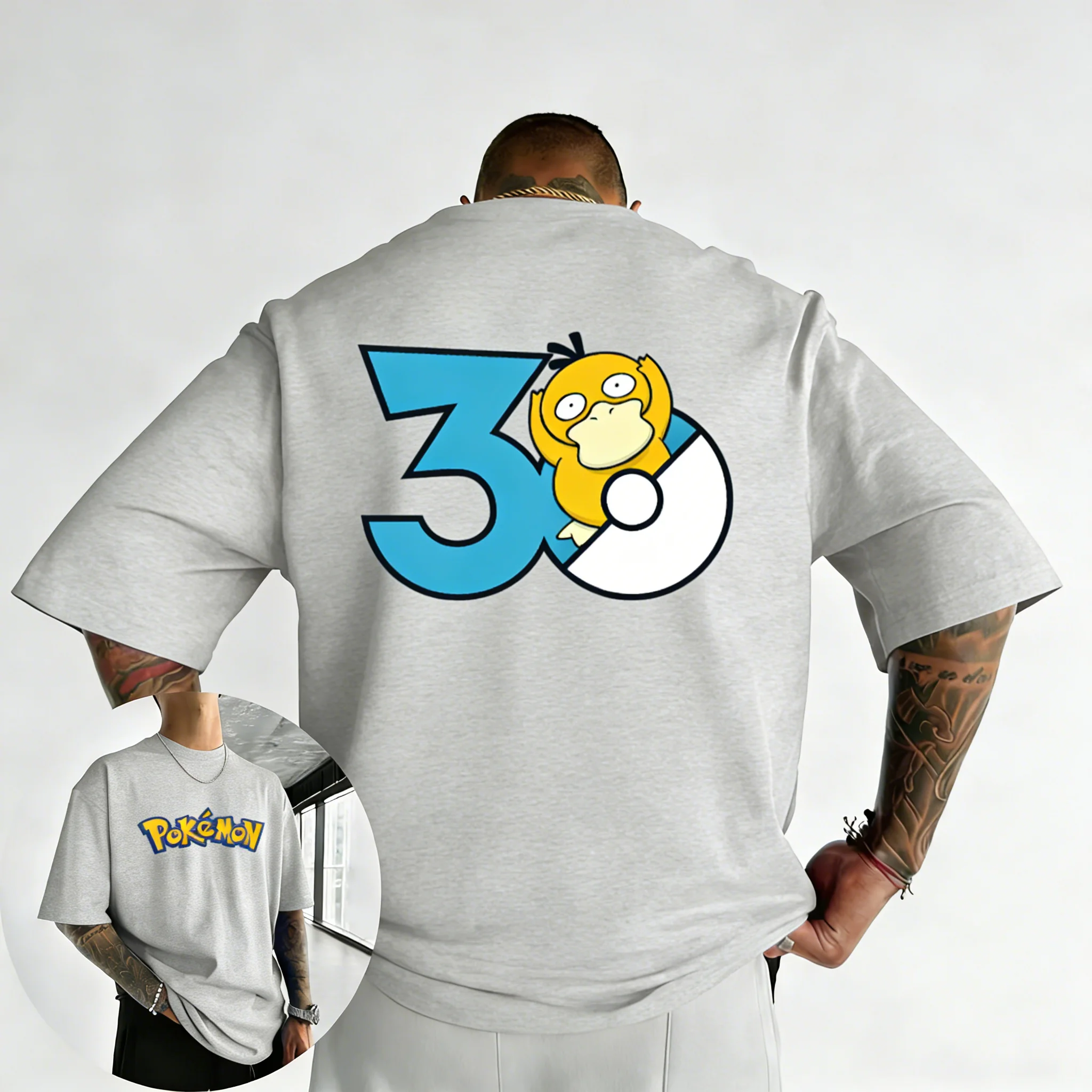 camiseta-estampada-pokemon-30º-aniversario-psyduck-2026-nova-colecao-verao-masculina-e-feminina-solta-oversized-estilo-hip-hop