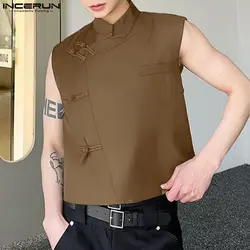 INCERUN Men Tank Tops Solid Color Stand Collar Sleeveless Button Vintage Men Clothing Streetwear 2024 Retro Casual Male Vests